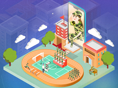2.5D vector illustration 3d boys buildings campus classroom computer girl islands mobile phone school three dimensional travel universe vector