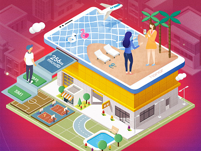 2.5D vector illustration 3d boys buildings campus classroom computer girl islands mobile phone school three dimensional travel universe vector