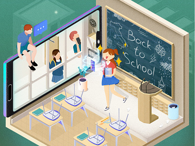 2.5D vector illustration 3d boys buildings campus classroom computer girl islands mobile phone school three dimensional travel universe vector