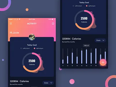Fitness App dark version app calories dark dashboad date fitness ui ux