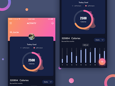 Fitness App dark version app calories dark dashboad date fitness ui ux