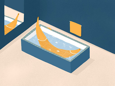 Gorgeous softy taking a soak banana bath fruit illustration interior isometric mirror reflection texture