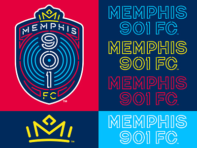 Memphis 901 FC badge crest crown lettering logo memphis neon soccer studio simon