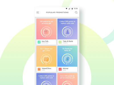Promotions app application cards gift gradient icons mobile percentage points product progress pie promotion tiles ui ux