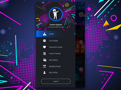 Club App Navigation Drawer app application booking club illustration ui