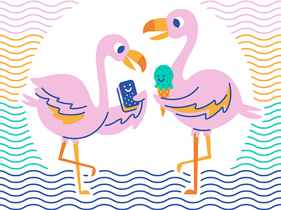 Flamboyance birds calendar dessert flamingo flamingos ice cream ice cream cone ice cream sandwich illustration june studio on fire water