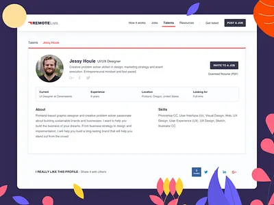 RemoteLists - Talent Profile (WIP) 2d account app clean dashboard design designer hired illustration jobs landing launch personal profile remote talent ui ux web website