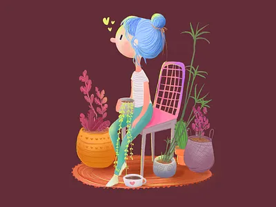 Overthinking blue hair character design editorial flat illustration ipad plant