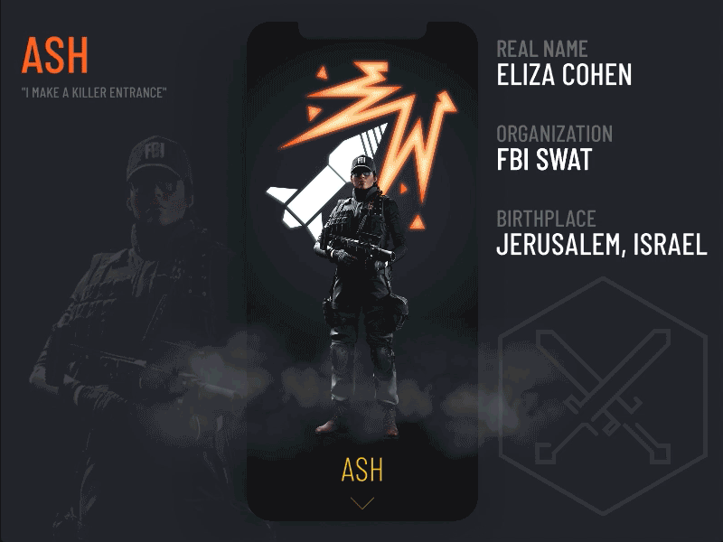 Rainbow Six: Siege Operator Info App animation character dark game info operator picker r6 rainbow six siege scroll stats studio transition ubisoft