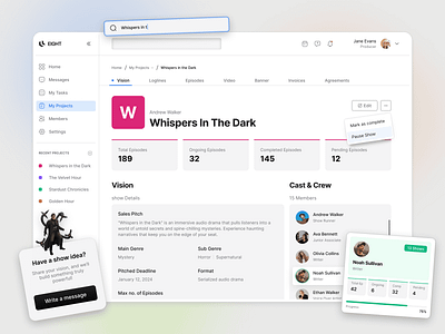 Creative Project Collaboration - Eight Dashboard audioproduction cleandesign creativecollaboration dashboarddesign designinspiration designsystem modernui podcastapp productivitytools projectmanagement ui ux uidesign ux webapp webdesign