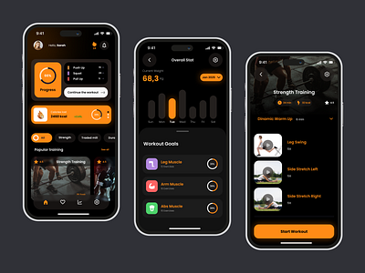 Fitness App black case study dark mode figma fitness gym healhty mobile app orange sport ui user experience user interface ux work out