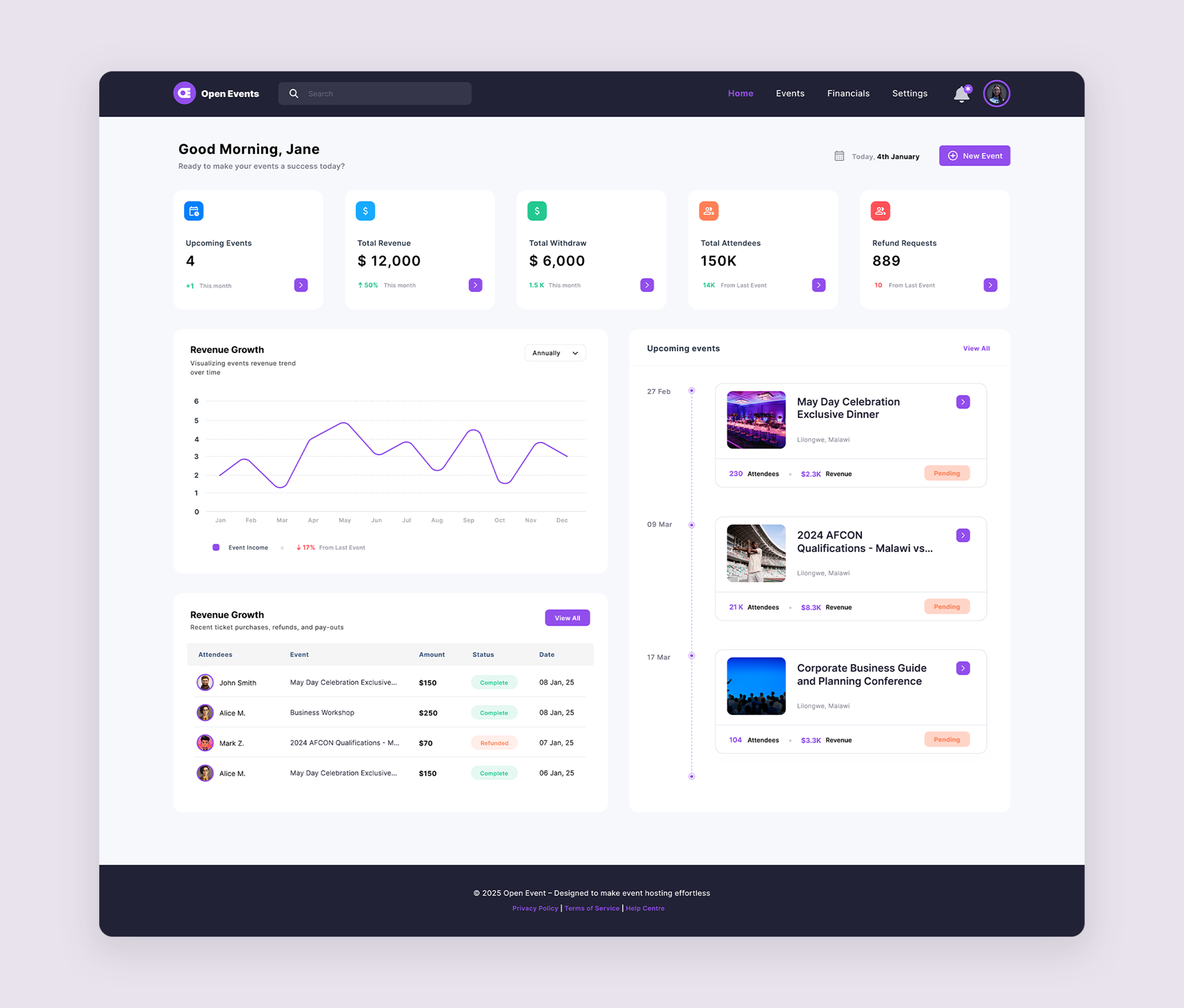 Example of Event Management Dashboard UI - OpenEvent