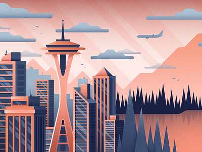 Seattle buildings city illustration mural nature northwest seattle skyscraper space needle trees