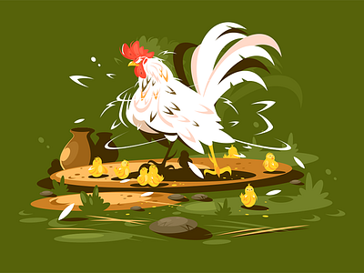 Rooster with yellow chickens bird character chicken family farm flat illustration kit8 rooster vector yellow