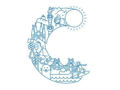 Catalonia meets California american barcelona caga tio california castellers catalan catalonia connection cultures fun golden gate bridge illustration outline sagrada familia san francisco sea lion surf travel wine yosemite