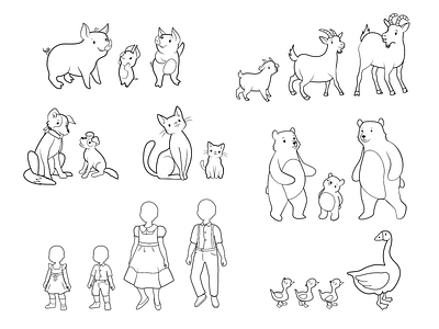 Line illustration of animals 3 pigs animals kids illustrations lineart