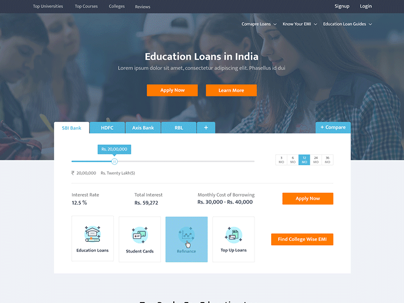 Online Student Loan Landing Page banking college wise emi comapre loans emi student loan