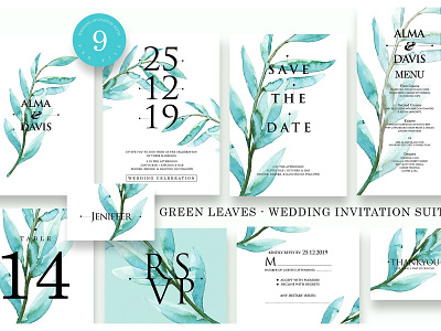 Green Leaves - Wedding Suite Ac.68 craft cute delicate design floral flower green hand crafted hand drawn invitation invitation invitation card invitation set logo modern romance simple simple invitation wedding card