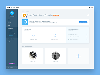 Wix Stores - Facebook ads dashboard setup system ui