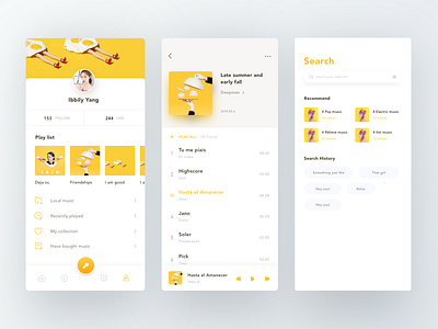 Music App app layout list minimal music play play list pop song profile rap search singer song ui ux yellow