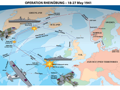 The Sinking Of The Bismarck illustration instructional illustration map military technical illustration technical illustrator vector art