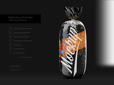 Black Glossy Plastic Bag with Clip for Bread bag bakery black bag bread breakfast cellophane clean clear clip close up closed design detailed empty flex food full grey healthy mockup