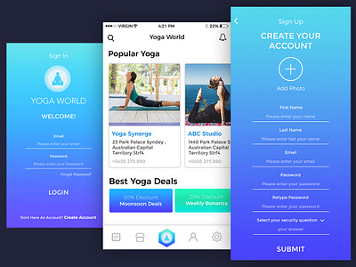 Yoga World Ui Design create account ui exercise exercise app home page ui login ui yoga yoga app yoga design yoga mobile app yoga ui yoga world