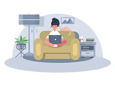 Girl With Laptop cat girl home illustration lamp laptop livingroom plant sofa vector working