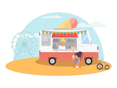 Ice Cream amusement park bicycle bus ferris wheel girl ice cream illustration sunny day sweets