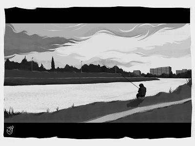 Skopje in three shots II blackwhite buildings cityscape clouds composition design digital environment film fisherman illustration river shots trees