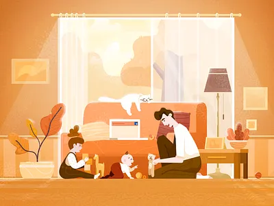 Family Time baby cat character dad family fireart fireart studio illustration light man plants toddler toys vector