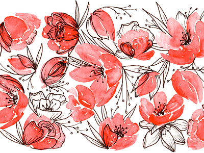 Red Dance botanical botanical line drawing floral background floral design floral illustration flower illustration flowers illustration leaves line drawing nature illustration pattern pattern design pattern library surface design surface pattern watercolor