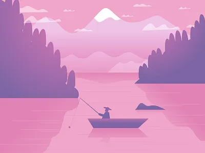 Fishing boat graphic design illustrating illustration lake minimal mountains retro simple trees water