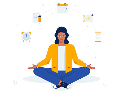 Work meditation calendar character clock email flat girl hero icon illustration librebird design management meditation mobile multitasking note people scene stress time work