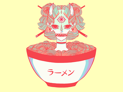Monster Oni Girl + Ramen Noodle Bowl Illustration adobe draw apple pencil artwork drawing food art illustration ipad art monster monster girl ramen noodles strange art third eye vector art weird art