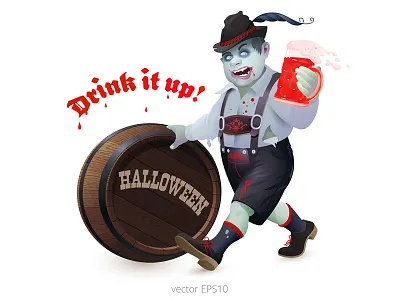 Zombie Drinker. Vector poster barrel beer cartoon character dead man deadman drink ghoul halloween hat lederhosen man mug oktoberfest vampire vector walk zombie