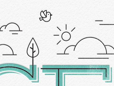 Happy little bird and clouds greeting card illustration linear