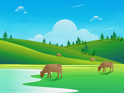 sunday leisure time work blue cows gradient grass green hills landscape light sky tree water