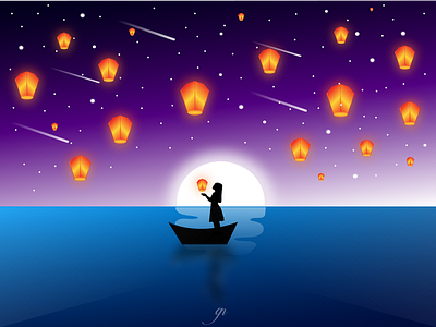 Freedom 🏮 adobe concept design dribbble flat design freedom girl gradients illustration illustrator lantern mask masks moon reflection shot sky stars water