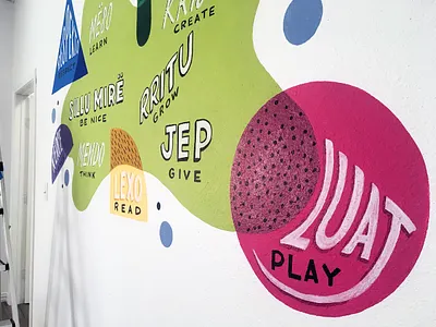 Children's Bilingual Mural Detail albanian bilingual children colorful community center dallas illustration kids lettering mural patterns shapes