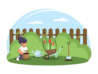 Gardener Girl fence flowers garden girl illustration plants watering can