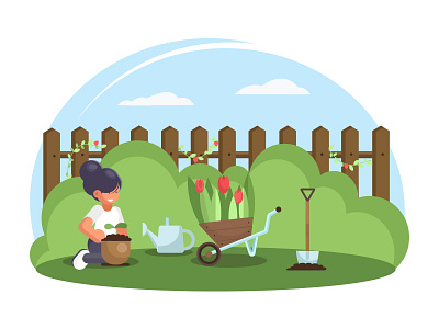 Gardener Girl fence flowers garden girl illustration plants watering can