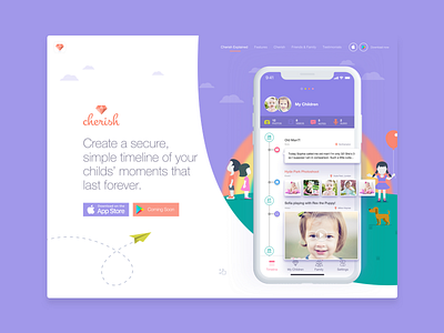 Cherish Landing Page Hero app brand cherish hero illustration landing page mobile responsive timeline ui web design website