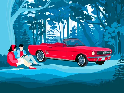 Peerlings blue cabriolet car couple dealer design forest forв girl graphics illustration man mustang red tree
