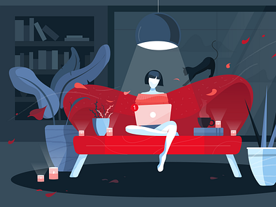 Autumn remote work autumn books cat character computer dark design flat girl illustration lamp laptop leaves plants red wind window work