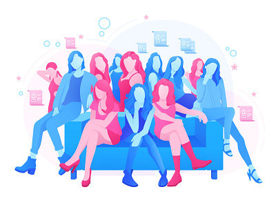 Girls illustration blue fashion flat girls illustration many pink sitting