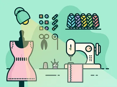 Tailors Workspace button cloth desk icon illustration lamp meter outline pin scissor sew sewing sewing machine tailor workspace
