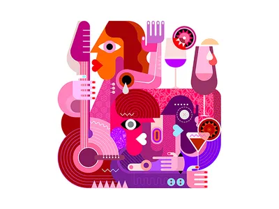 Concert And Music Party cocktail cocktail glass concert couple design drink group guitar illustration isolated listen music man music musician party people play guitar player vector woman