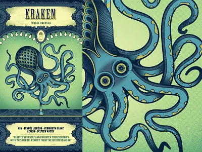 Flight Club - Kraken cocktail creature fennel flight club illustration kraken menu octopus packaging sea creature squid tentacle