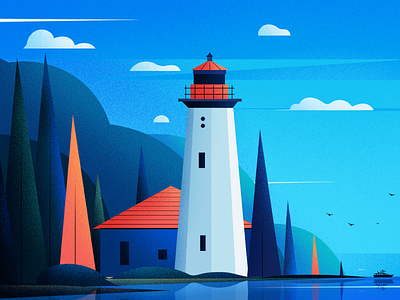 Cape Mudge Lighthouse. blue canada cape mudge lighthouse design fireart studio illustration landscape lighthouse nature tree